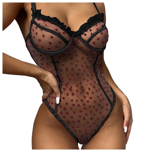 One-Piece Backless Mesh Bodysuit with Heart Embroidery and Lace