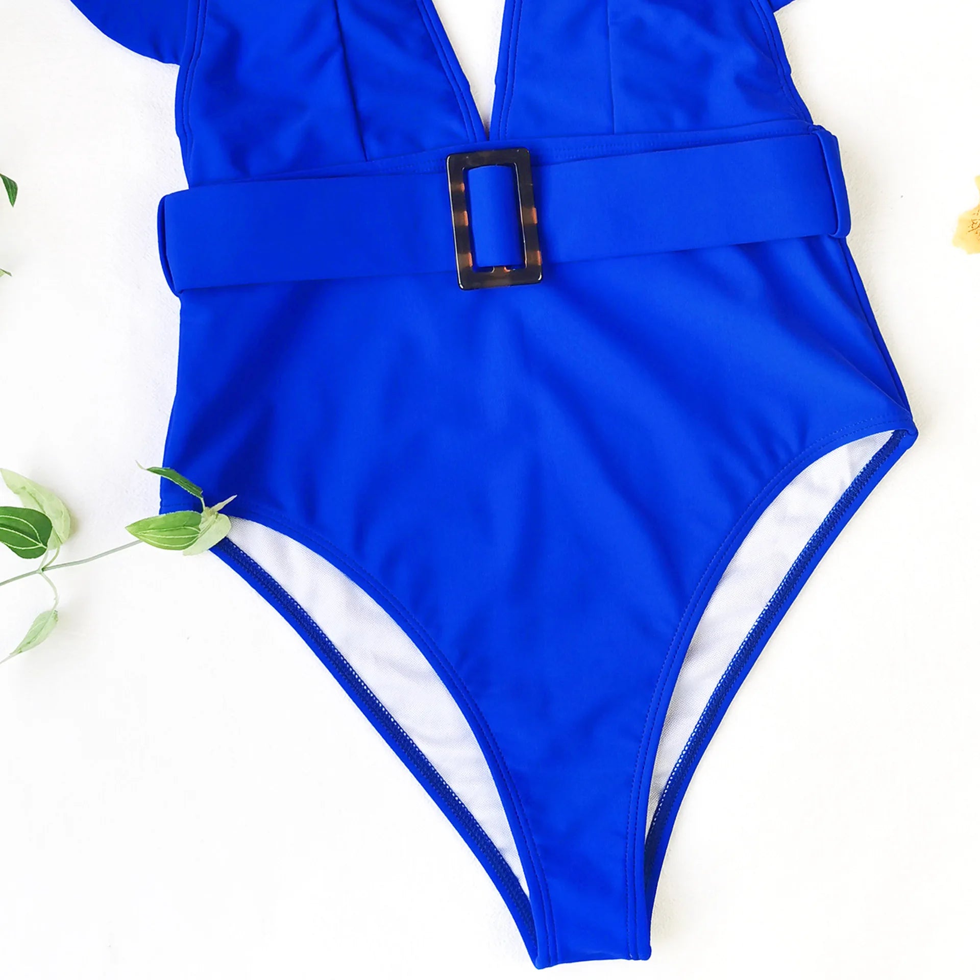Women’s White & Black Ruffle Monokini – Deep V One-Piece
