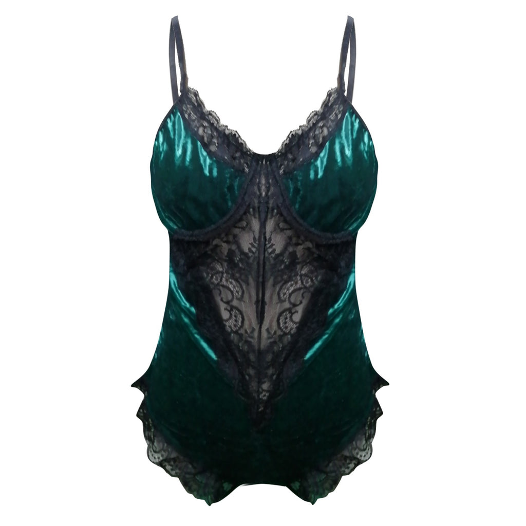 Velvet & Satin Patchwork Bodysuit – Sexy Backless One-Piece for Clubwear & Lingerie Style