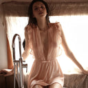 Leaf Lace Satin Ruffle Sheer Nightgown Sleepwear