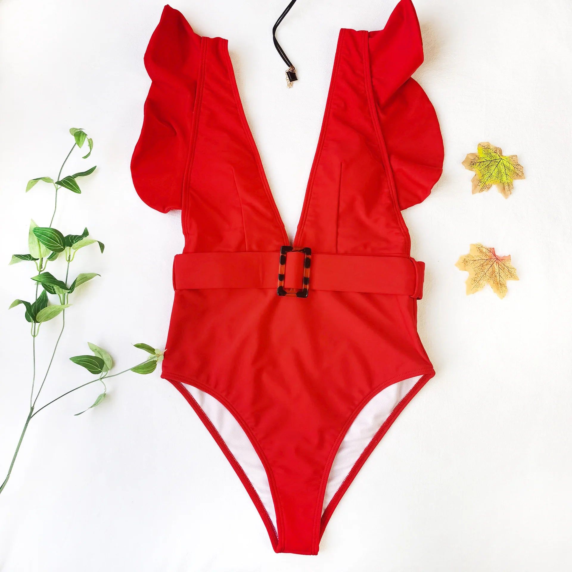 Women’s White & Black Ruffle Monokini – Deep V One-Piece