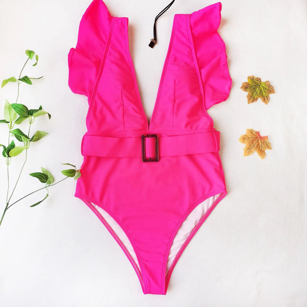 Women’s White & Black Ruffle Monokini – Deep V One-Piece