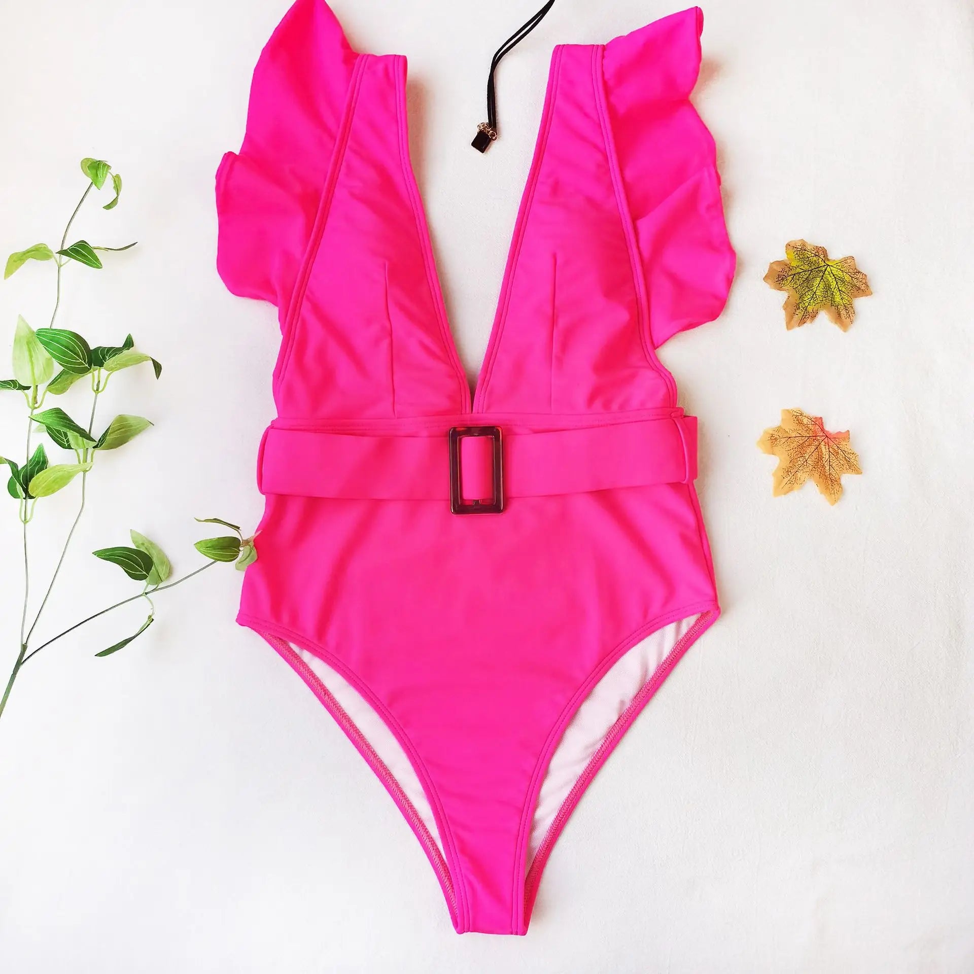 Women’s White & Black Ruffle Monokini – Deep V One-Piece