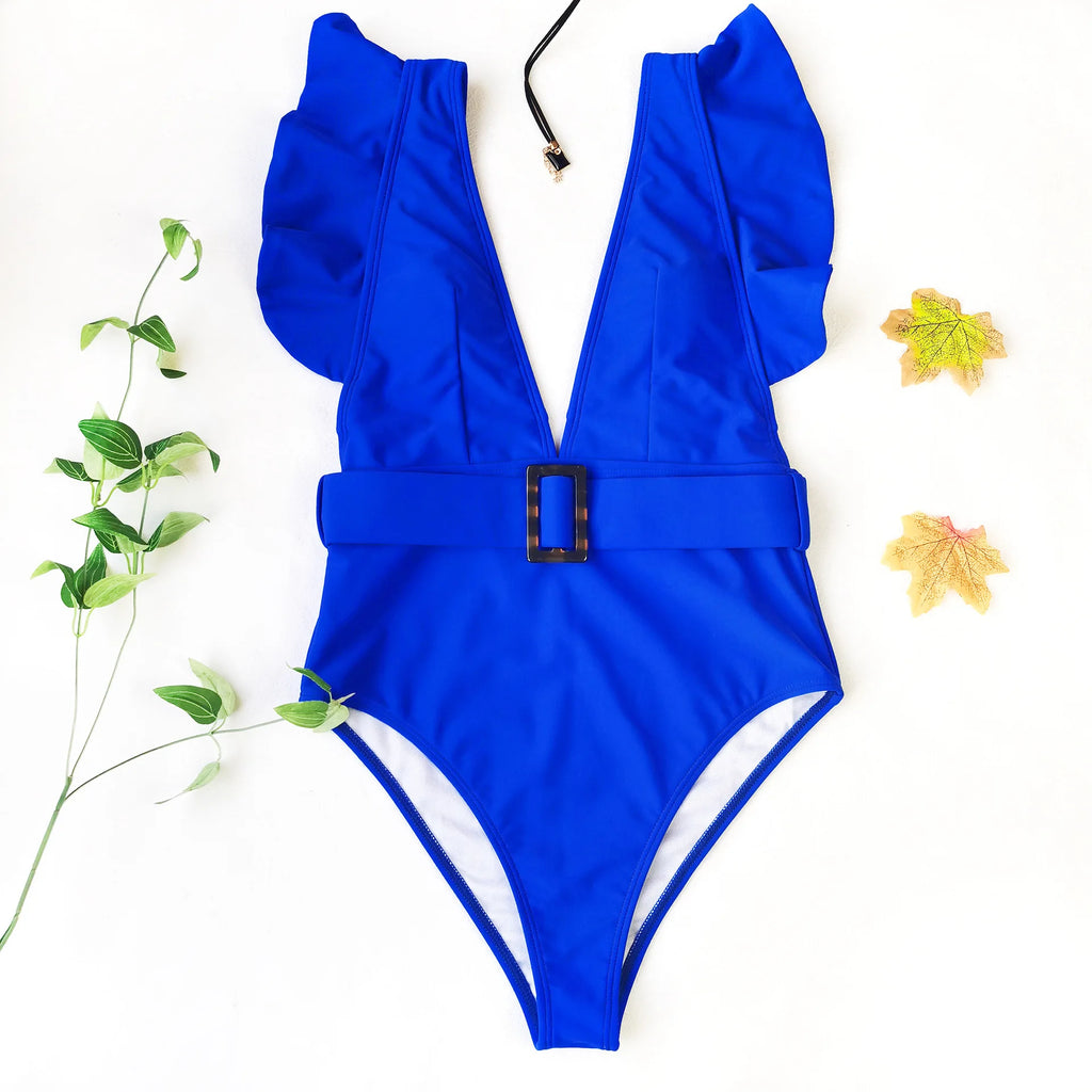 Women’s White & Black Ruffle Monokini – Deep V One-Piece