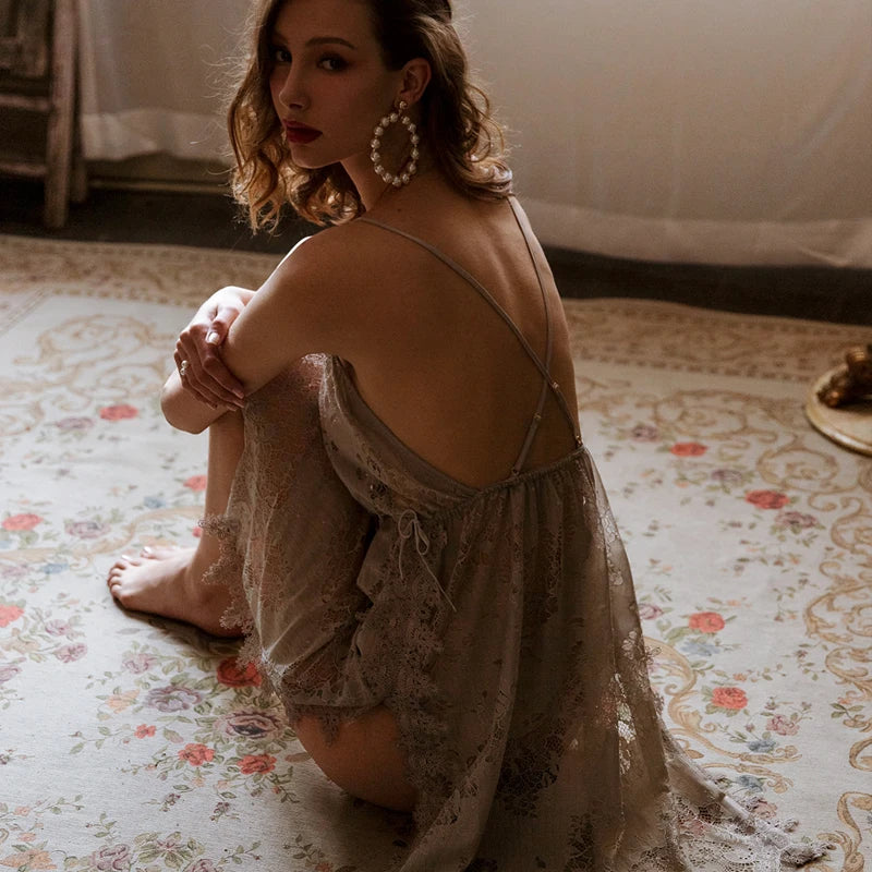 Grey Floral Lace Hollow Nightdress with Thong