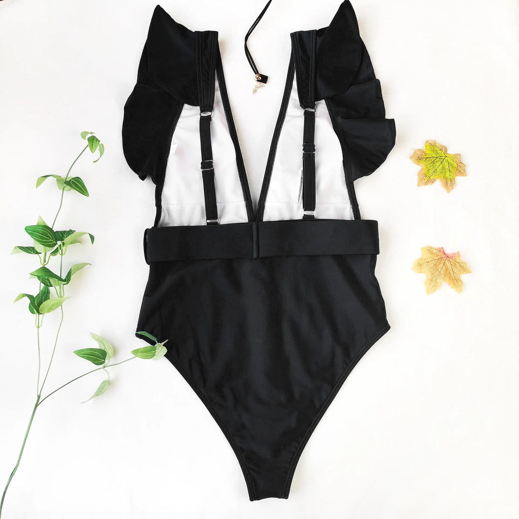 Women’s White & Black Ruffle Monokini – Deep V One-Piece