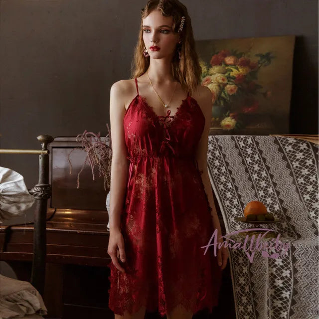 Grey Floral Lace Hollow Nightdress with Thong