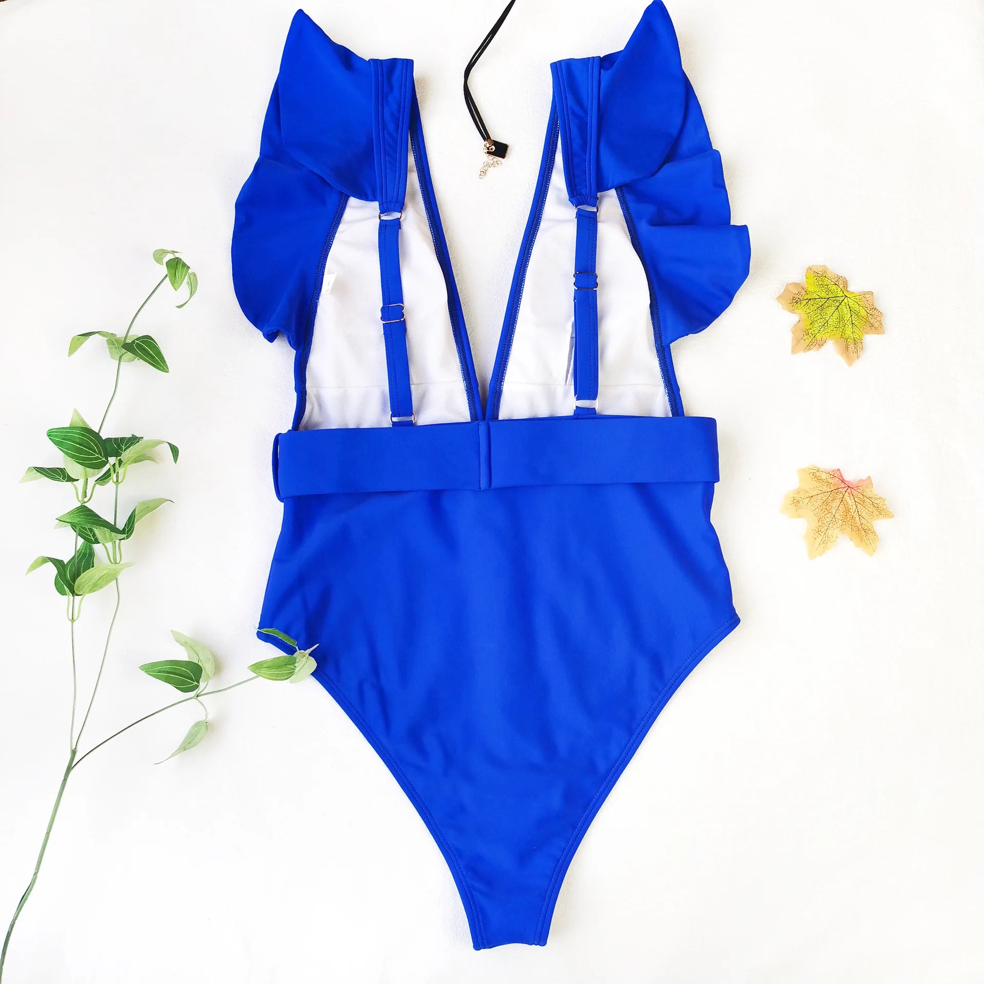 Women’s White & Black Ruffle Monokini – Deep V One-Piece