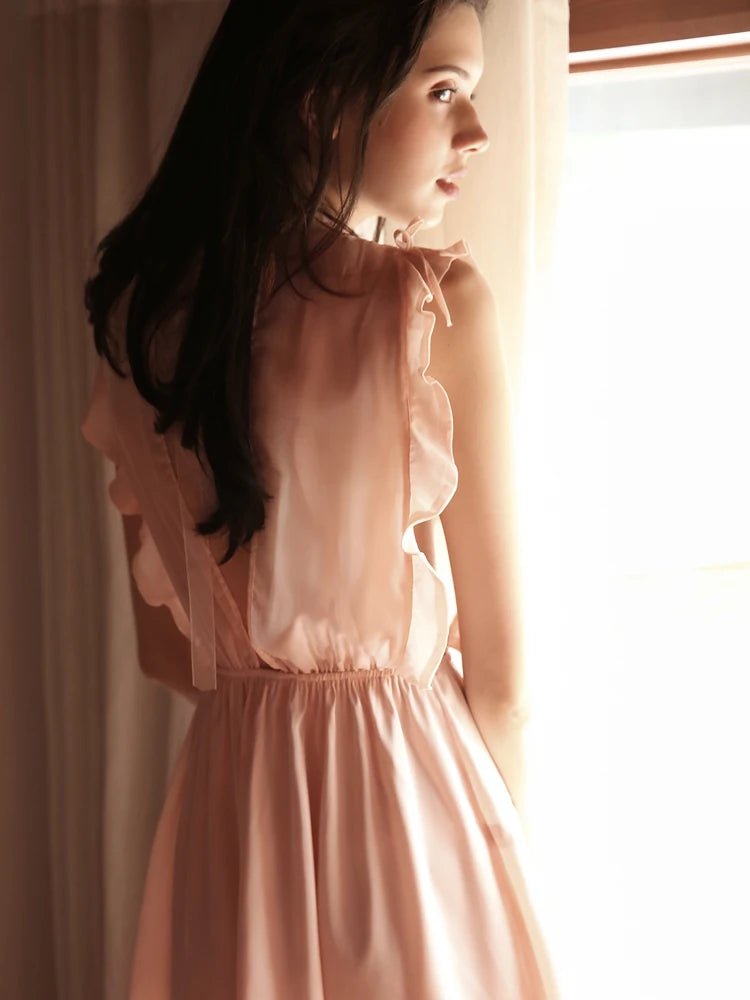 Leaf Lace Satin Ruffle Sheer Nightgown Sleepwear