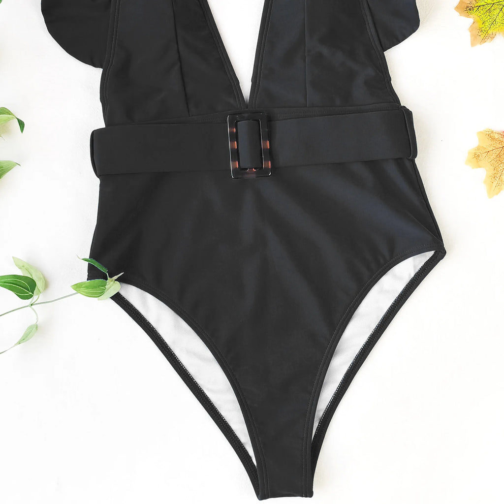 Women’s White & Black Ruffle Monokini – Deep V One-Piece