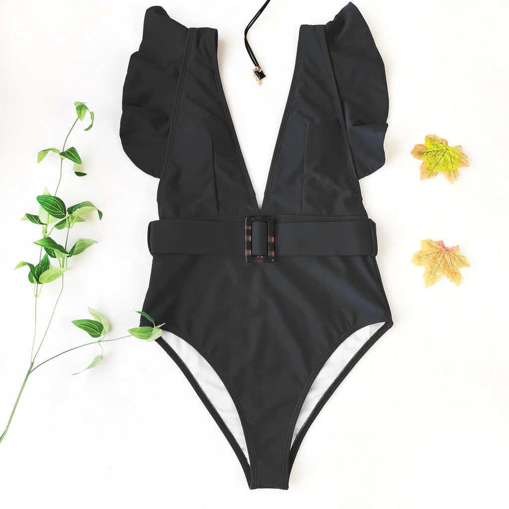 Women’s White & Black Ruffle Monokini – Deep V One-Piece