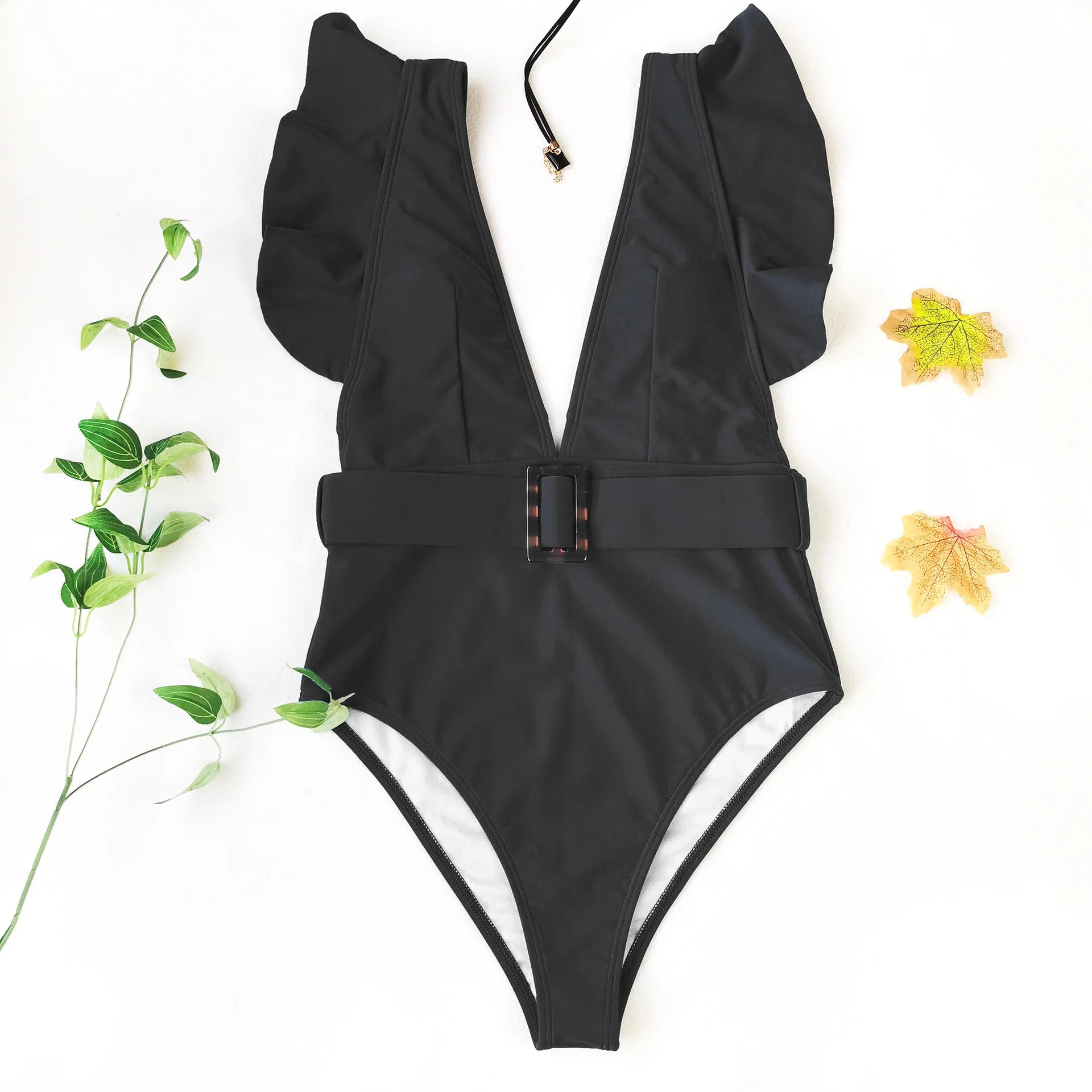 Women’s White & Black Ruffle Monokini – Deep V One-Piece