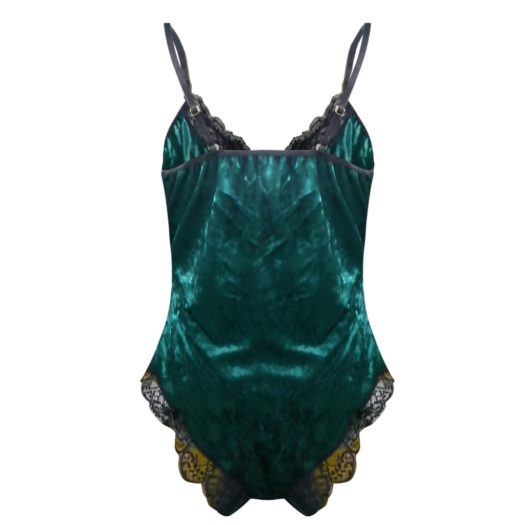 Velvet & Satin Patchwork Bodysuit – Sexy Backless One-Piece for Clubwear & Lingerie Style