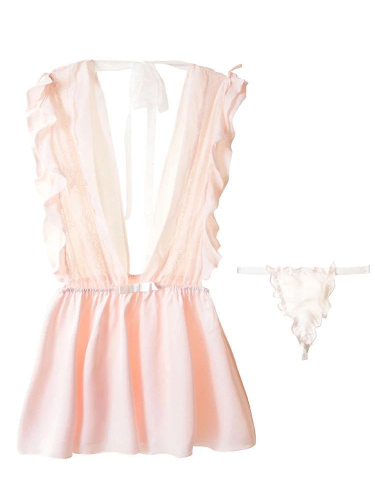 Leaf Lace Satin Ruffle Sheer Nightgown Sleepwear