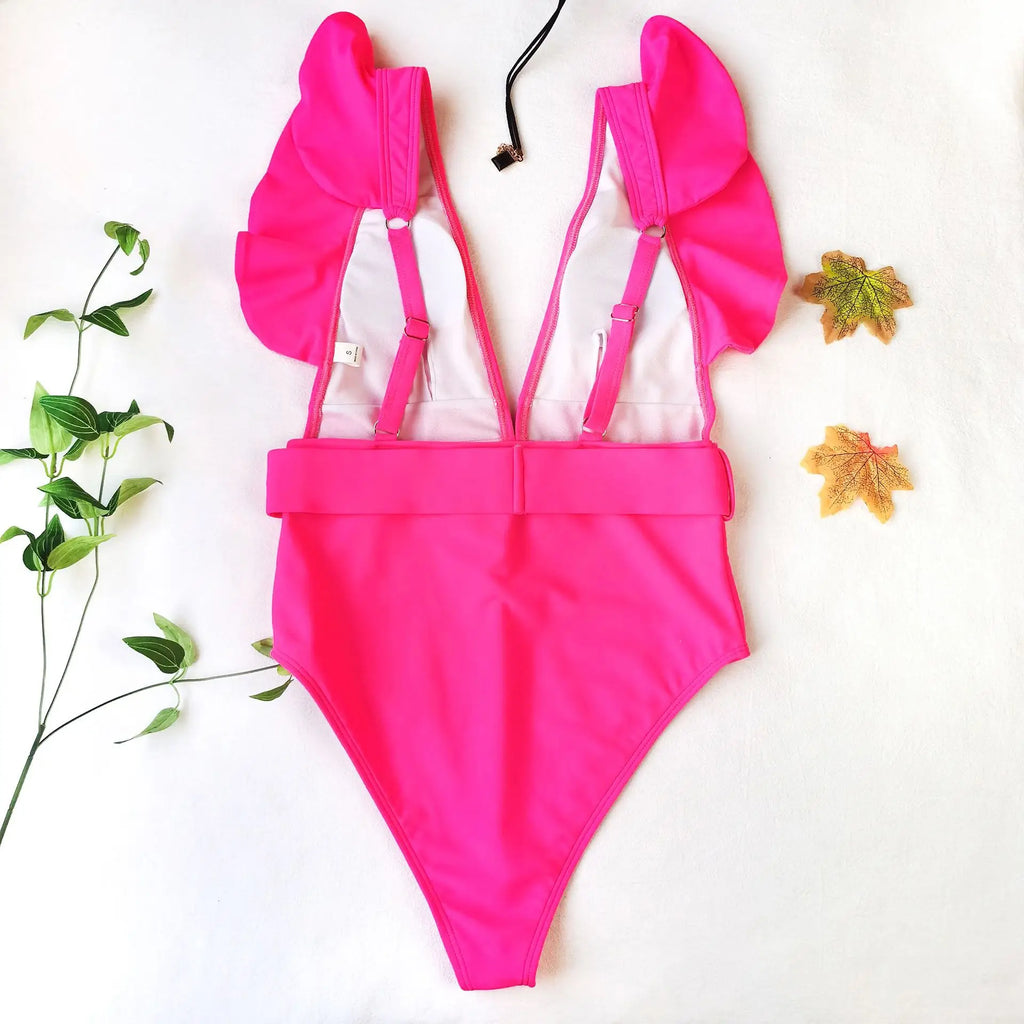 Women’s White & Black Ruffle Monokini – Deep V One-Piece