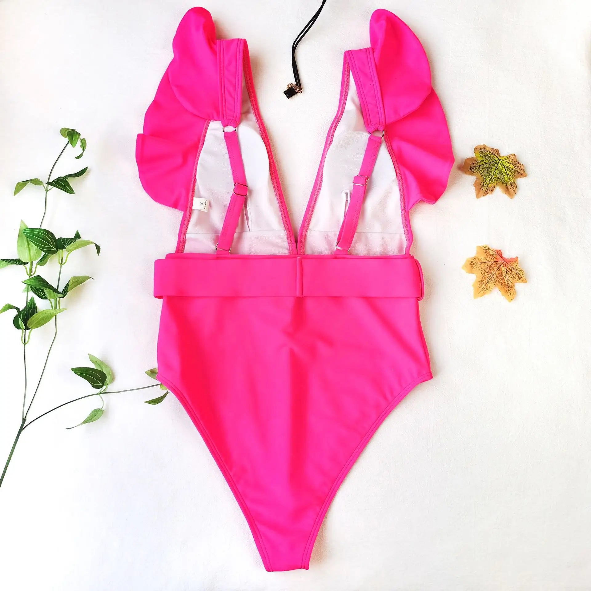 Women’s White & Black Ruffle Monokini – Deep V One-Piece