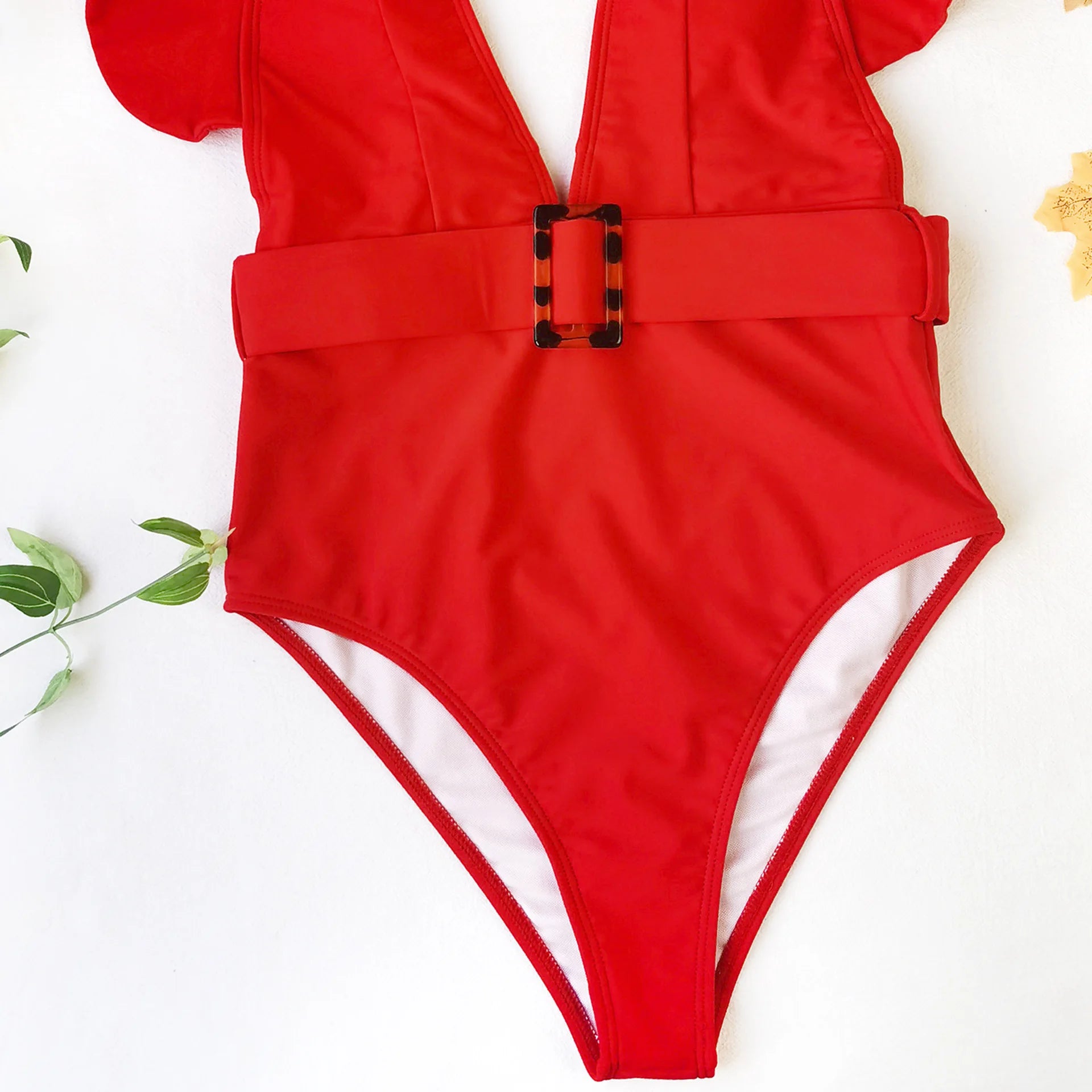 Women’s White & Black Ruffle Monokini – Deep V One-Piece