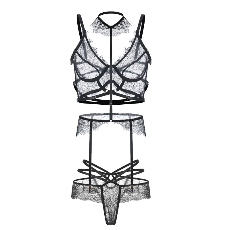 Applique Halter Choker Lace Bra & Panty Garter Set
