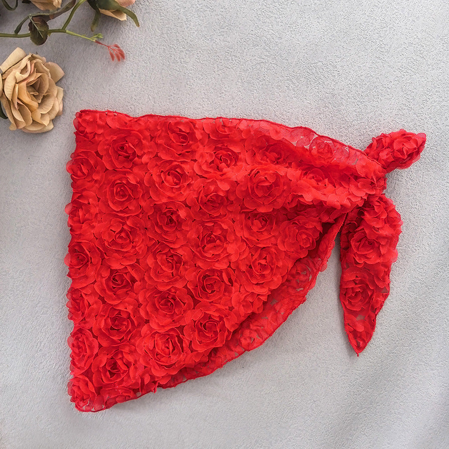 Women's Sexy 3 Piece Bikini Set 3D Flower Beach Skirt Swimsuit Pure Pink Triangle Halter Backless Thong Swimwear 2025 Summer New