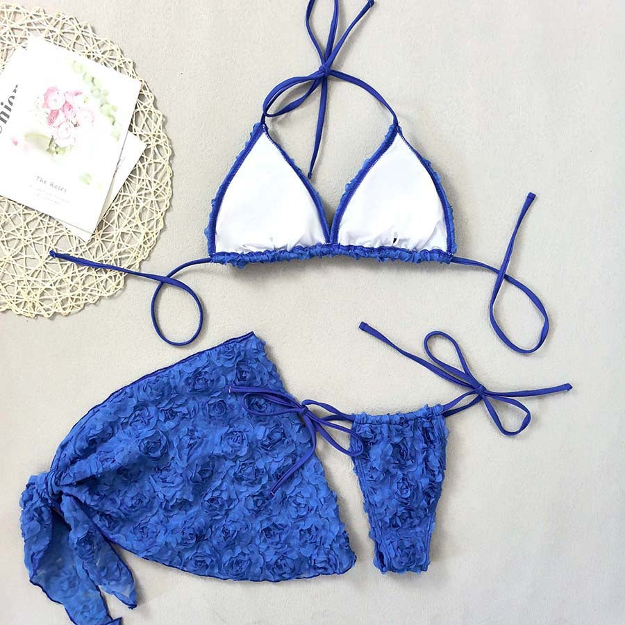 Women's Sexy 3 Piece Bikini Set 3D Flower Beach Skirt Swimsuit Pure Pink Triangle Halter Backless Thong Swimwear 2025 Summer New