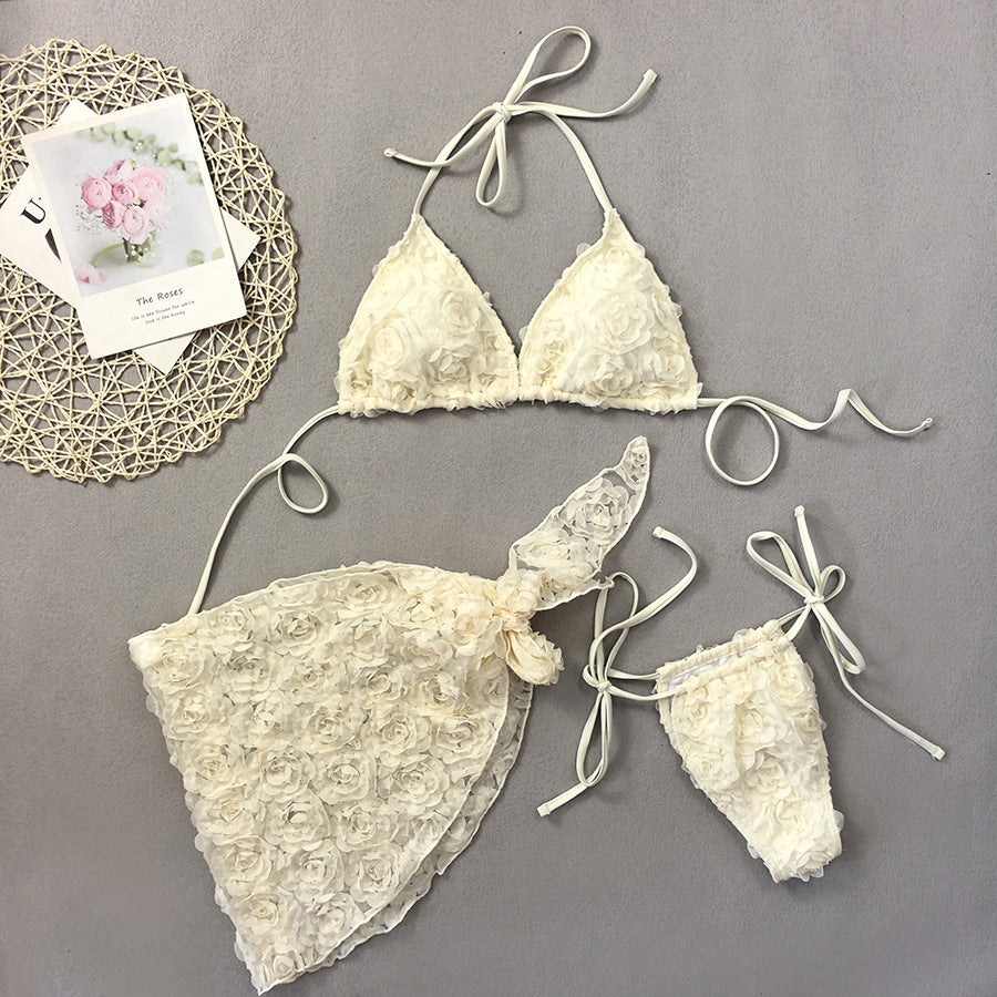 Women's Sexy 3 Piece Bikini Set 3D Flower Beach Skirt Swimsuit Pure Pink Triangle Halter Backless Thong Swimwear 2025 Summer New