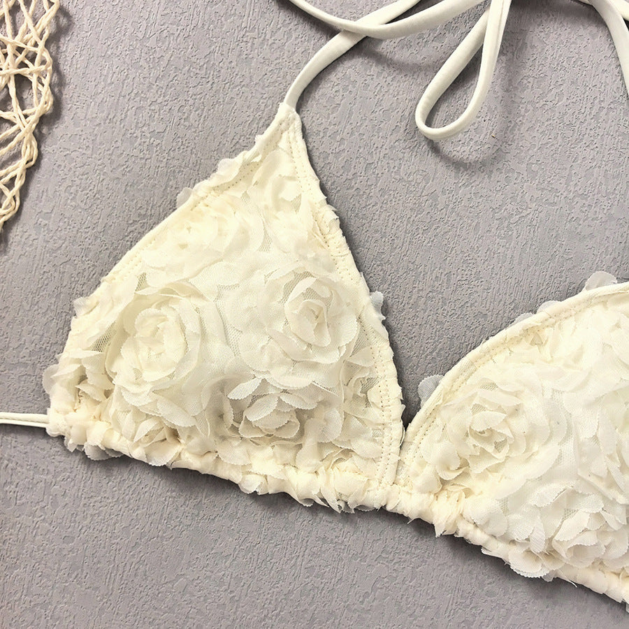 Women's Sexy 3 Piece Bikini Set 3D Flower Beach Skirt Swimsuit Pure Pink Triangle Halter Backless Thong Swimwear 2025 Summer New