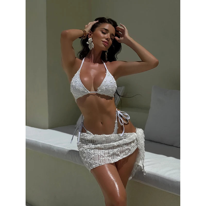 Solid Color Mesh 3 Pieces Bikini Set With Skrit 2025 Swimwear Women Sexy Halter Swimsuit  Beach Bathing Suit