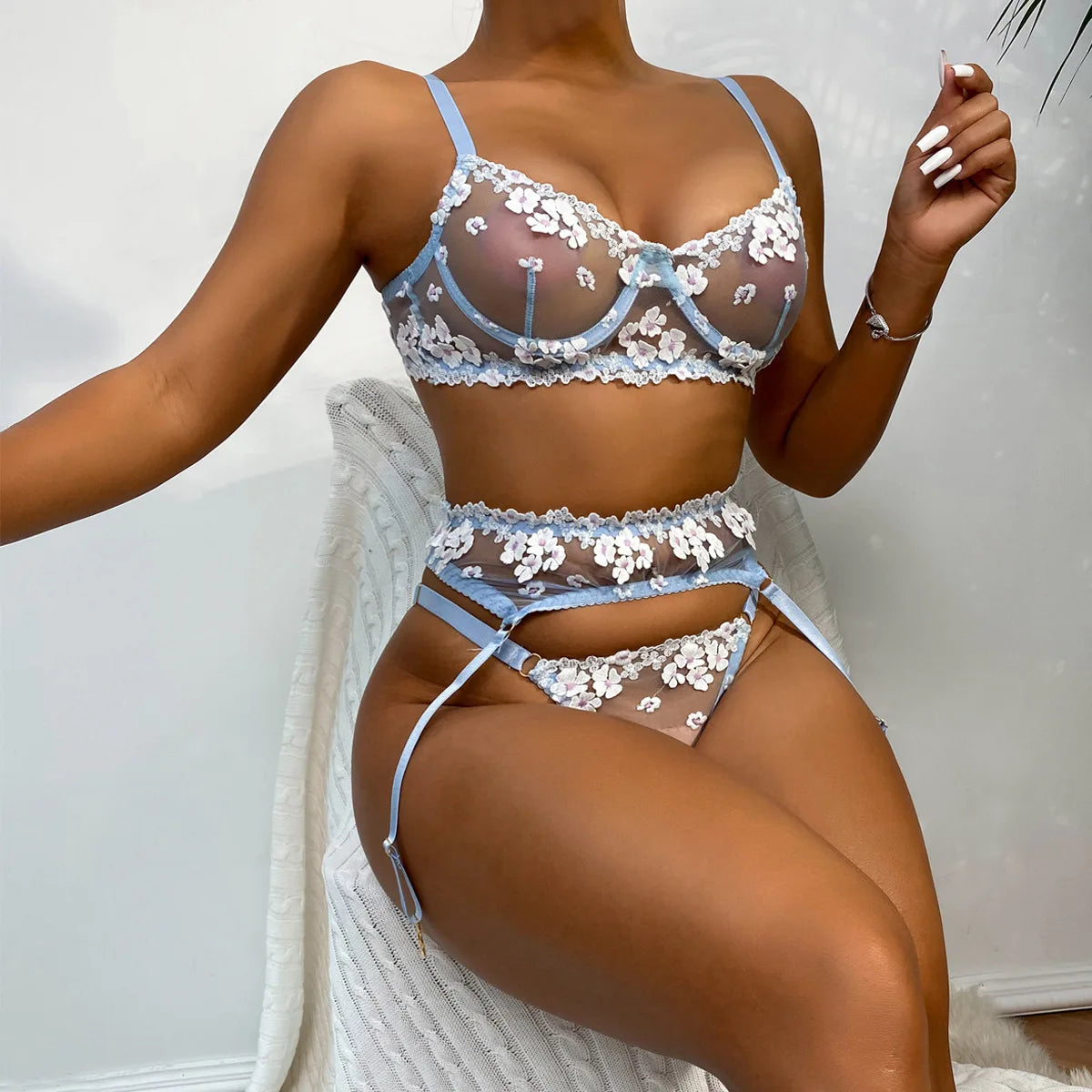 Floral Lace Transparent Bra & Thong Lingerie Set (3pcs)