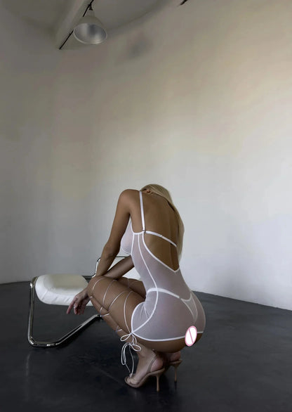 4-Piece Sheer Mesh Lingerie Set – Backless Sexy Nightwear