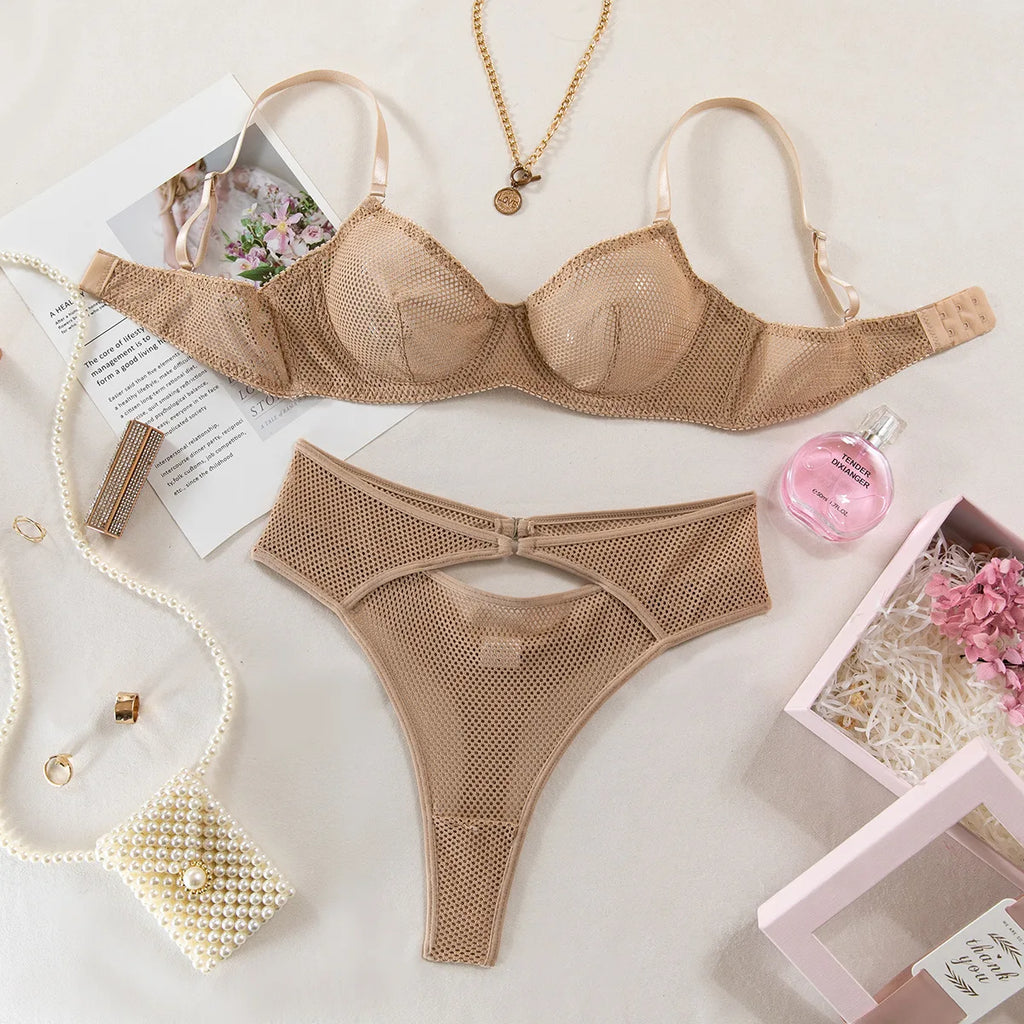 Sheer Mesh Embroidery Bra & Thong Set (2pcs)