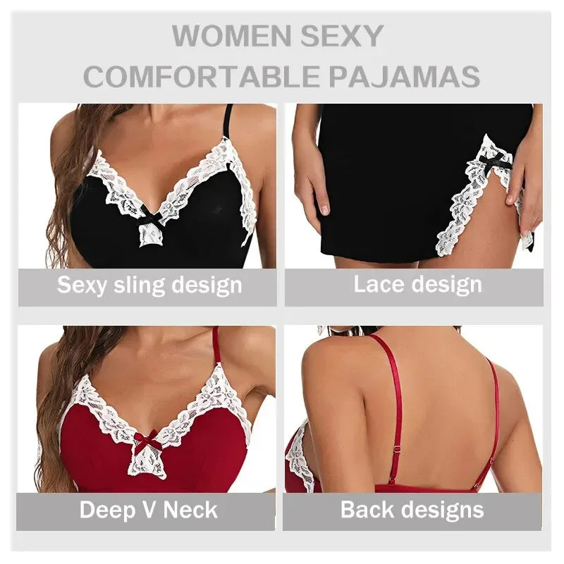 V-Neck Lace Chemise – Sexy Bow Nightdress Sleepwear