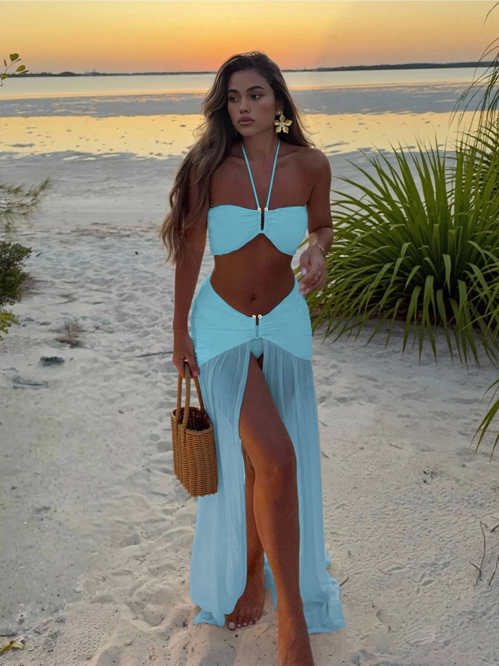 Halter Neck 3 Piece Bikini Set with Sheer Split Maxi Skirt Sexy White Summer Beach Dress Vacations Outfits Pool Party Wear K236