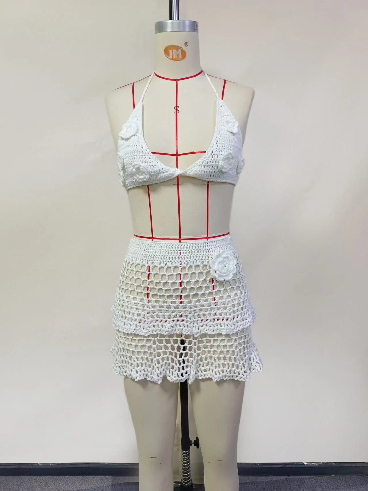 Sexy White Floral 2 Pieces Set Knitted Swimsuit Hollow Out Knit Skirt for Beach Sets Summer Swimwear 2025 New Beachwear Party