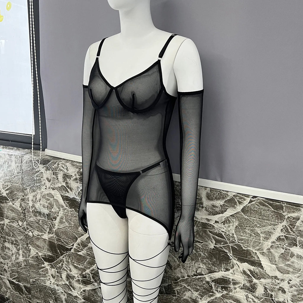 4-Piece Sheer Mesh Lingerie Set – Backless Sexy Nightwear