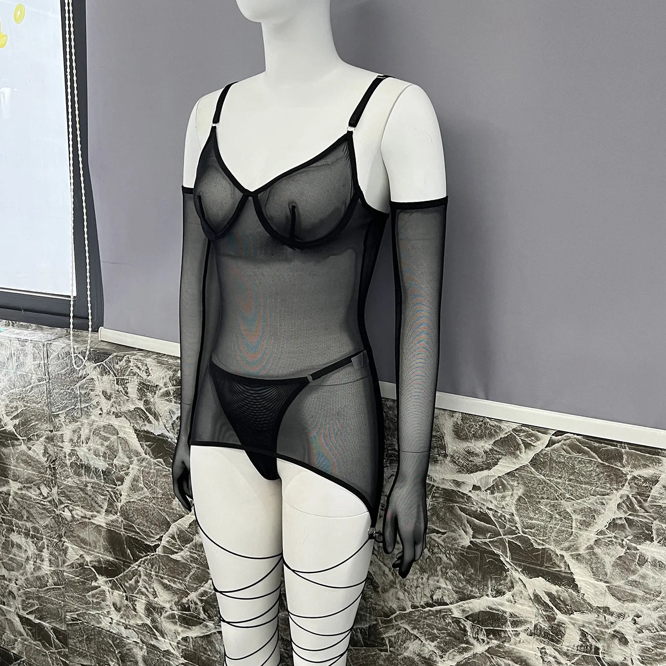 4-Piece Sheer Mesh Lingerie Set – Backless Sexy Nightwear