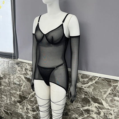 4-Piece Sheer Mesh Lingerie Set – Backless Sexy Nightwear