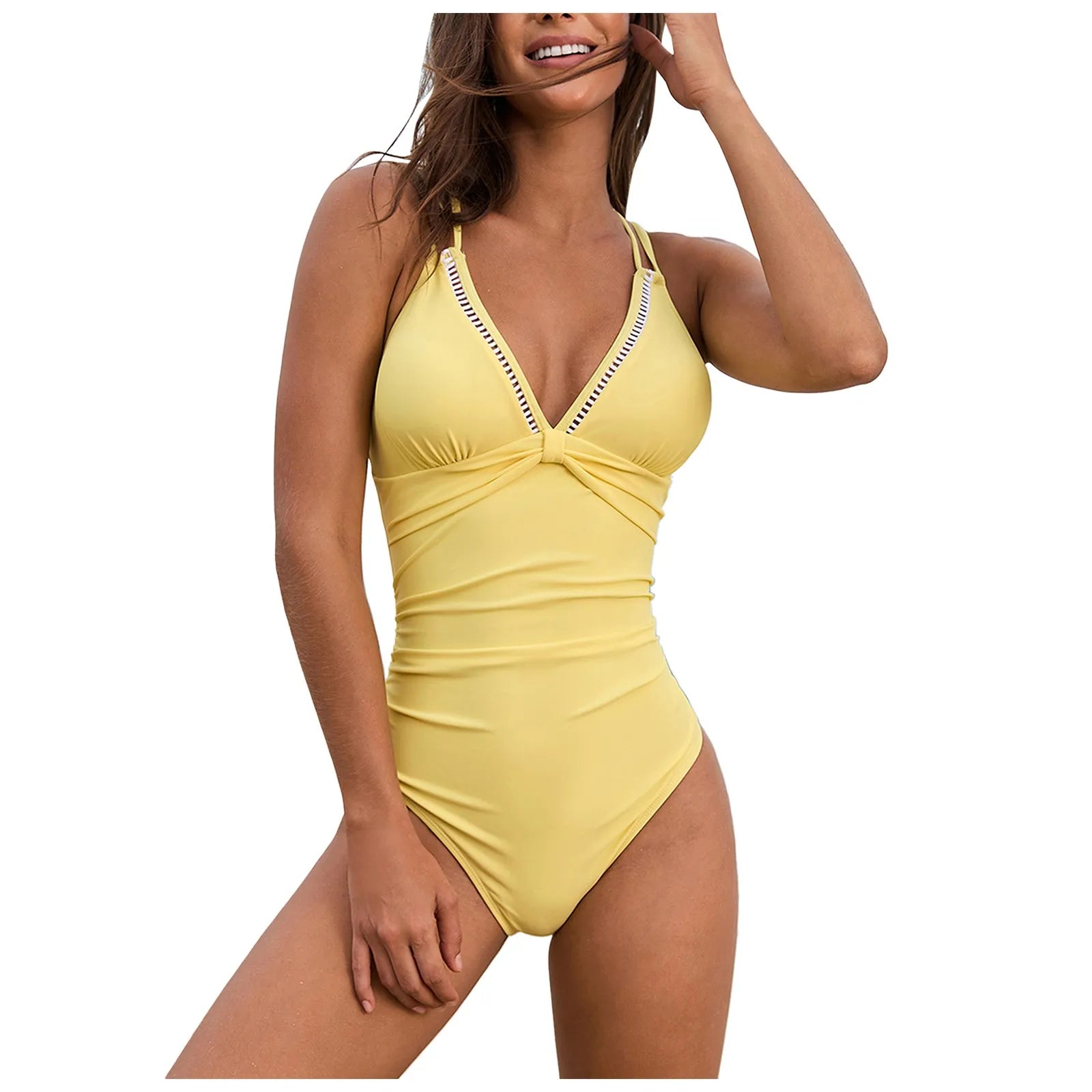 Women’s Deep V Neck Ruched One-Piece Swimsuit