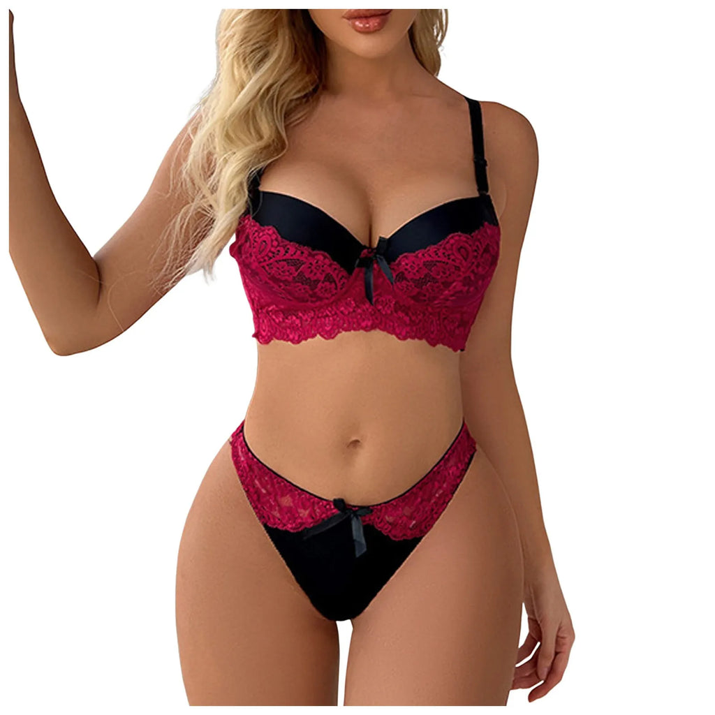 Lace Panel Padded Bra & Thong Lingerie Set