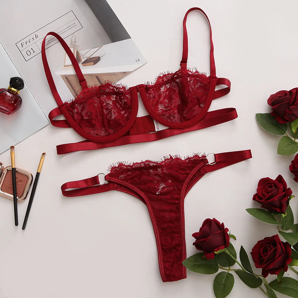 Embroidery Lace Bra Set – Push Up Transparent Lingerie