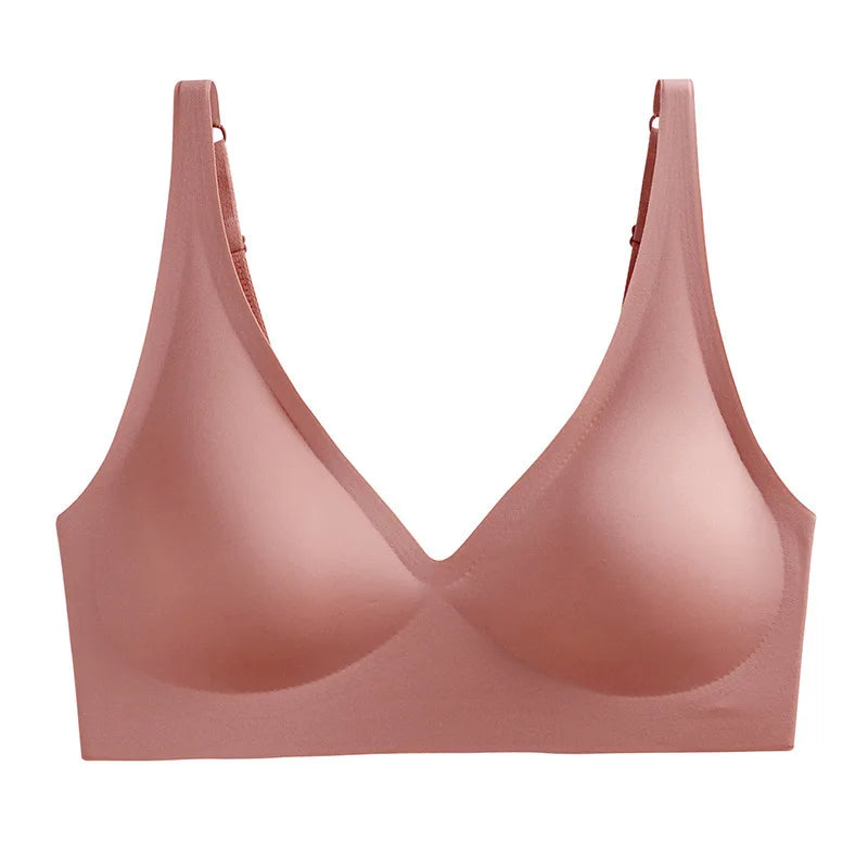 Seamless V-Neck Push-Up Bra – Wire-Free Lace Bra for Small Chest with Gathered Support