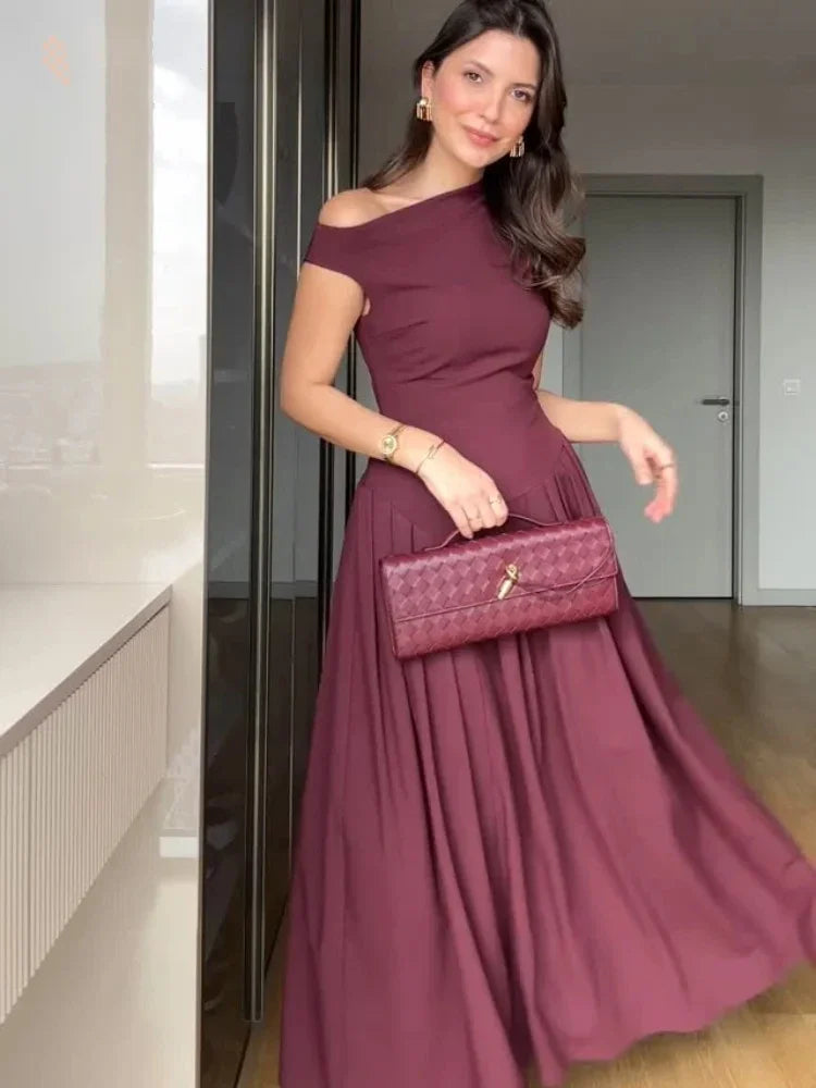 Women Elegant Wine Red Irregular Neck Slim Dress Fashion Sleeveless High Waist Pleated Hem Dresses  Chic Lady Party Robes