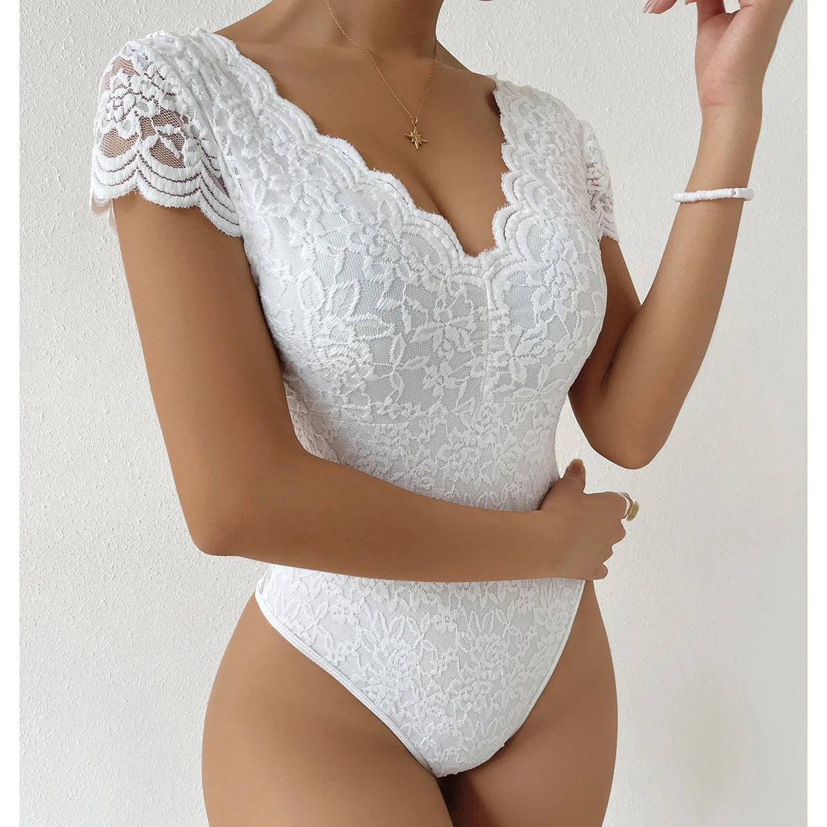 Women’s Floral Embroidery Lace Teddy – V-Neck Backless Bodysuit