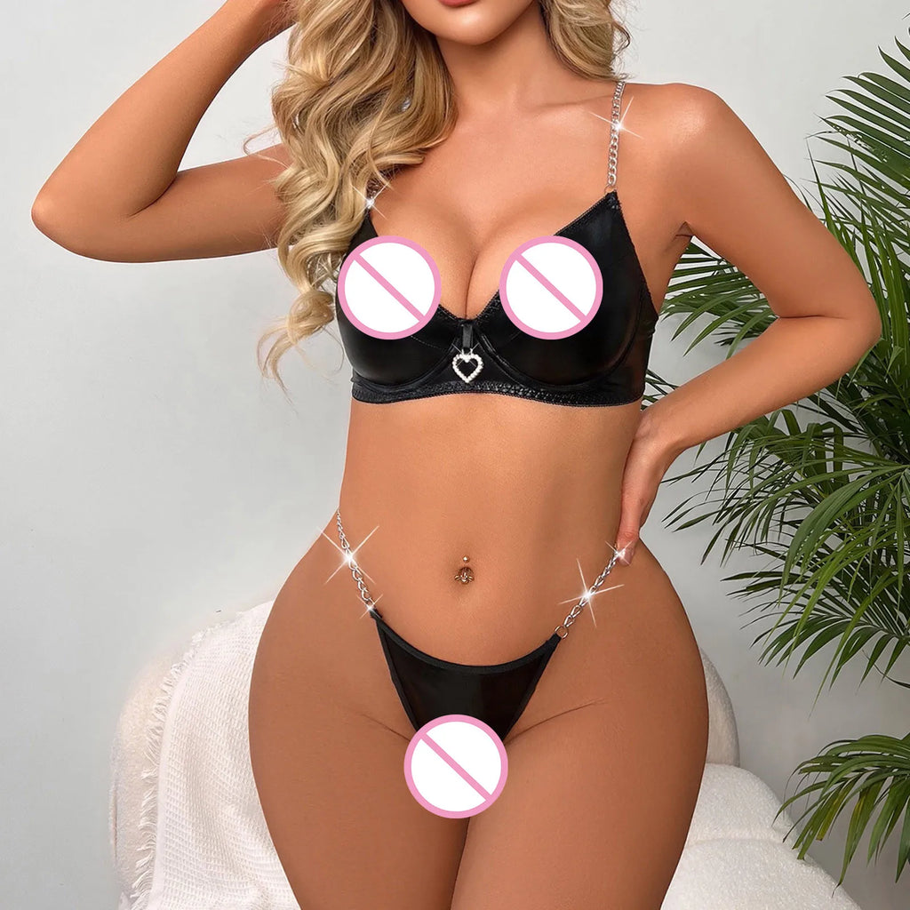 PU Leather Chain Three Point Lingerie Set
