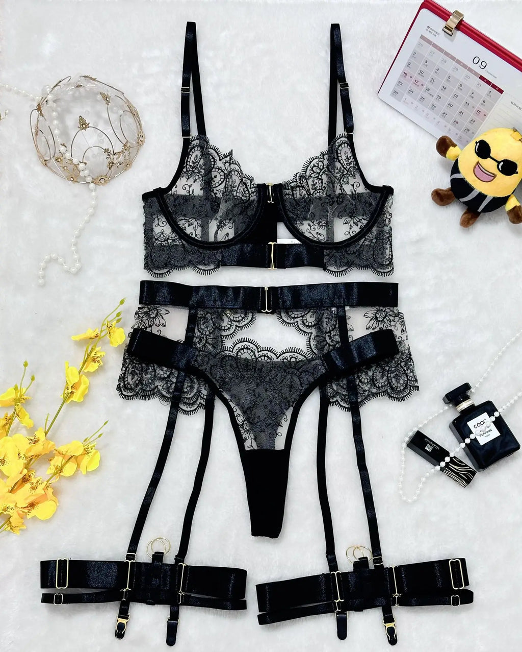 Floral Embroidery Push-Up Bra & Thong Set