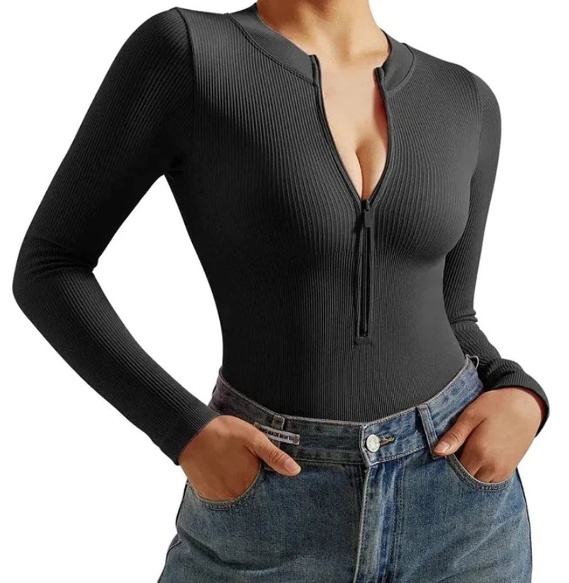 Seamless Long Sleeve Athletic Bodysuit – Half Zipper Quick-Dry Yoga & Fitness Wear