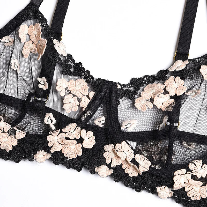 Floral Lace Transparent Bra & Thong Lingerie Set (3pcs)