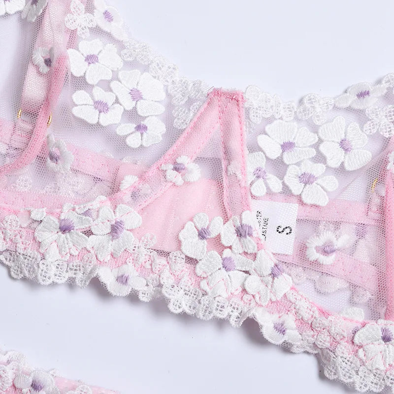 Floral Lace Transparent Bra & Thong Lingerie Set (3pcs)