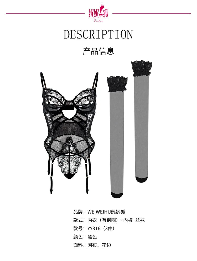 Erotic lingerie hollow three-piece set tight sexy black lace mesh erotic lingerie garter belt