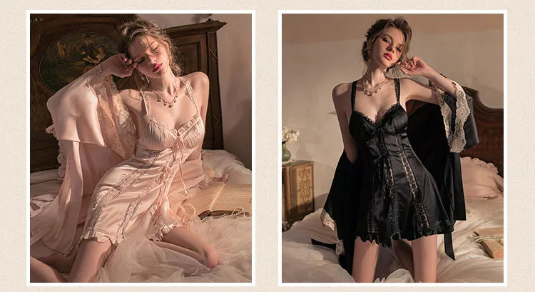 Silky Gauze Floral Nightdress Lingerie Ice Silk Lace Strap Sleepwear