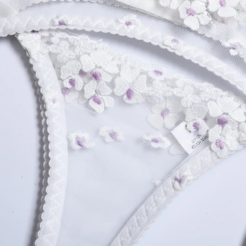 Floral Lace Transparent Bra & Thong Lingerie Set (3pcs)